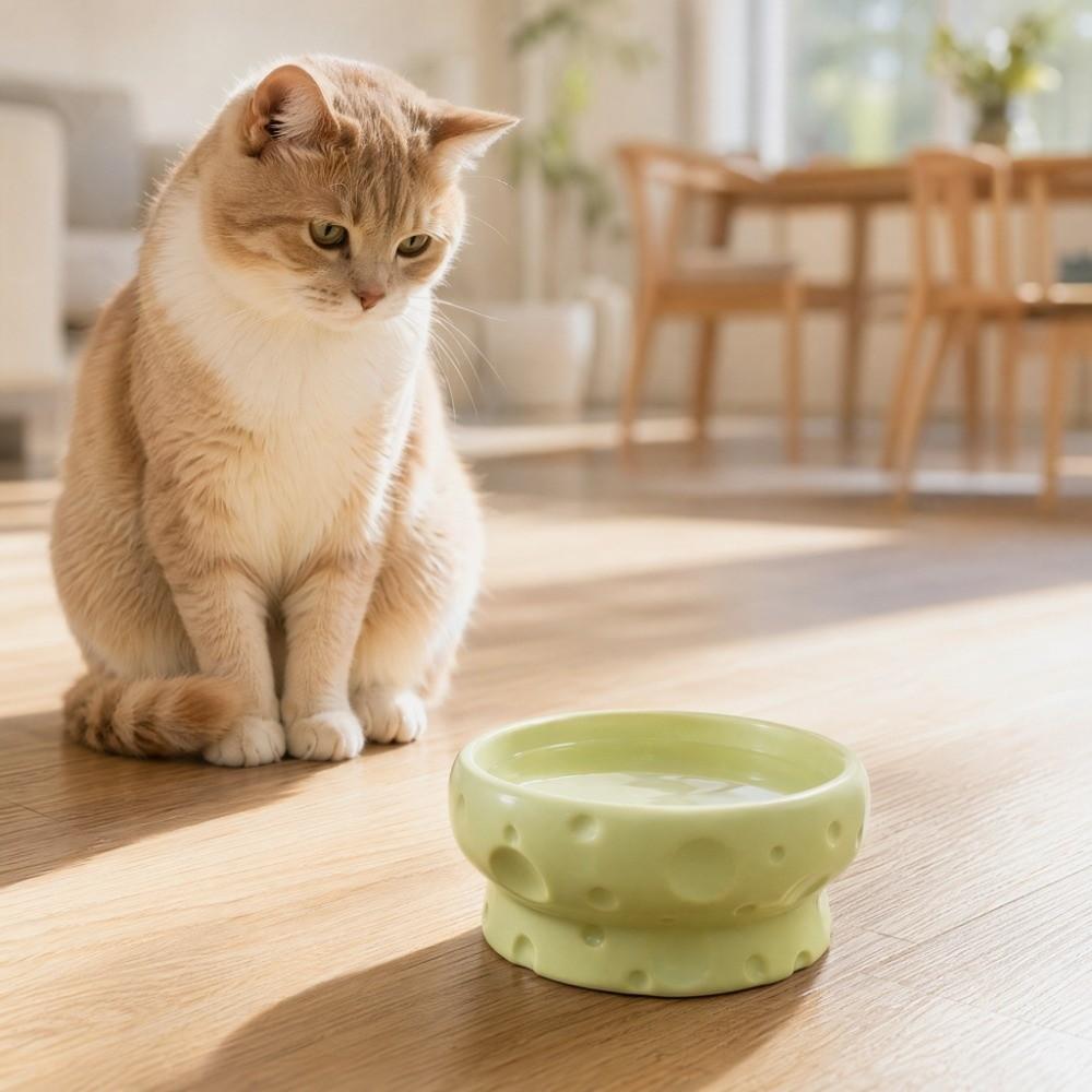 Large Diameter Elevated Cat Bowl Anti-knock Anti-spill Neck Protection Bowl Ceramic Cheese Shape High Foot Bowl Wet Dry Food