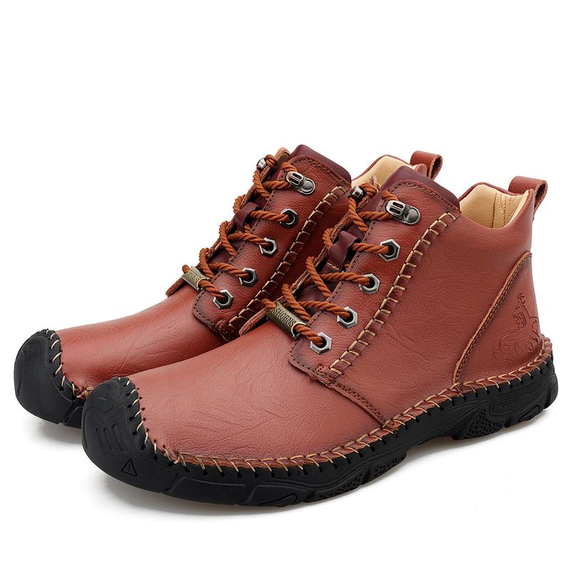 High Top Casual Shoes Men's Lace Up Genuine Leather Flat Bottom Boots High-quality Hiking Shoes Men Wide Toe Barefoot Boots Lace
