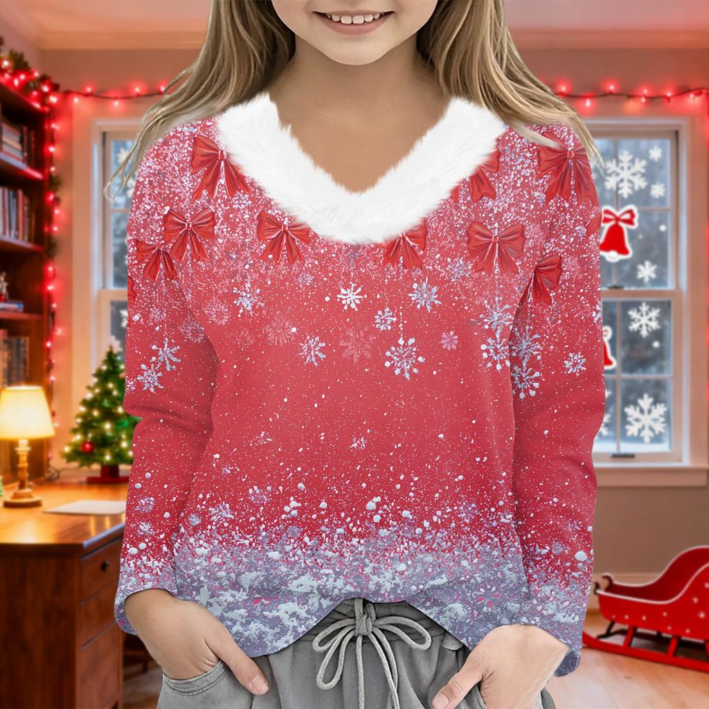 Christmas Day Girls Long Sleeve T Shirts Kids  Girls' V-Neck Tee Christmas Print Long Sleeve Top