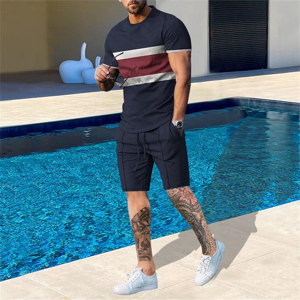 Men's Tracksuit 2 Piece Set Summer Stripe Sport Hawaiian Suit Short Sleeve T Shirt and Shorts Casual Fashion Man Clothing