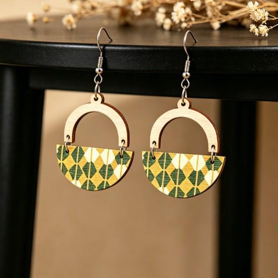Bohemian Plaid & Stripes Retro Color Round Wood Dangle Earrings