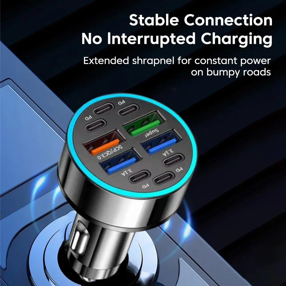 100W 10 Ports Car Charger Fast Charging PD QC3.0 USB C Car Phone Charger Type C Adapter in Car For iPhone Samsung Huawei Xiaomi