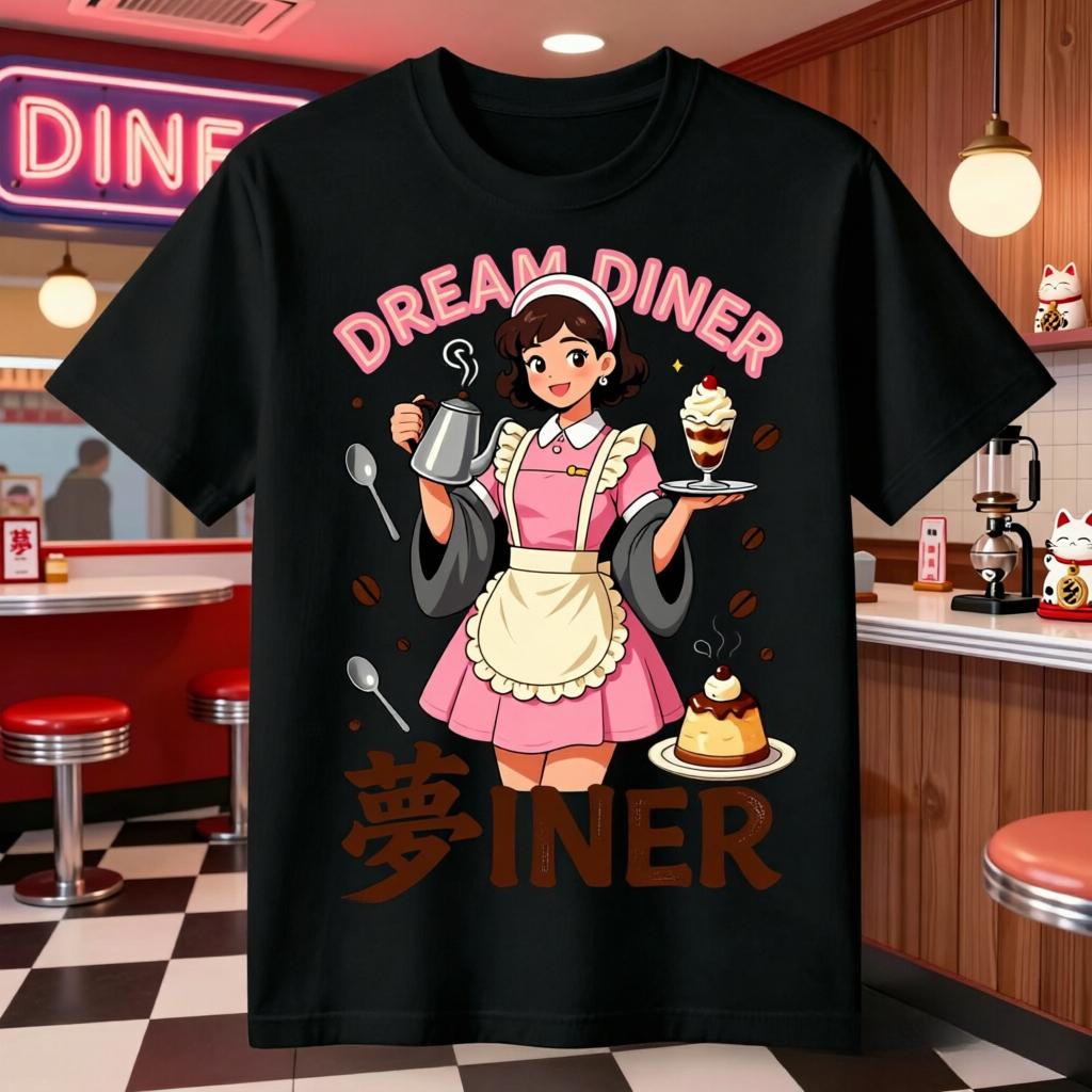 90s Retro American Diner Style Anime Girl Dream Diner Graphic Pure Cotton Loose Streetwear Tops S