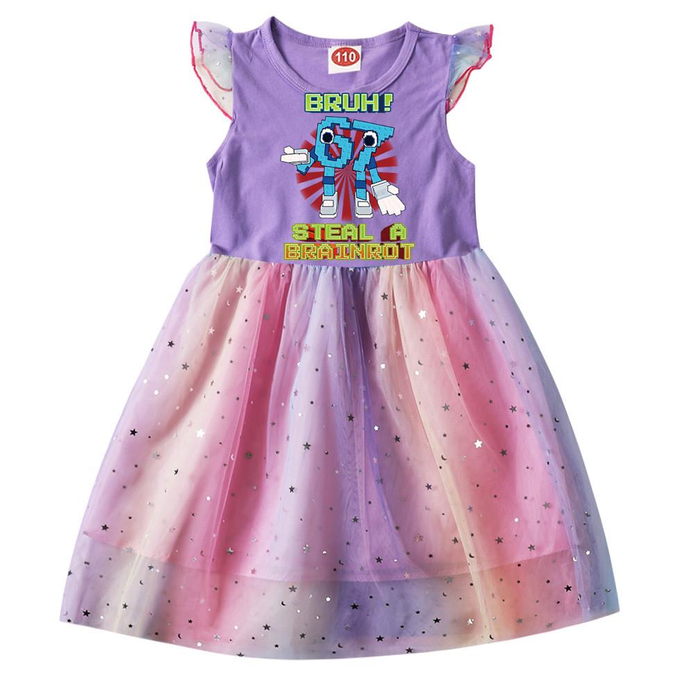 9192 Kids Girls Steal a Brainrot 67 Six Seven Print Ruffle Short Sleeve Sequins Casual Rainbow Dress