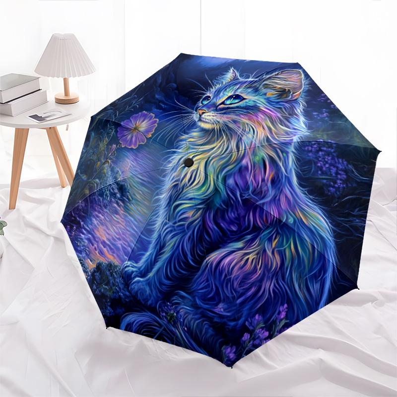 Night Cat  pattern, automatic folding umbrella, portable and foldable design, 8 ribs, a Christmas or birthday gift.