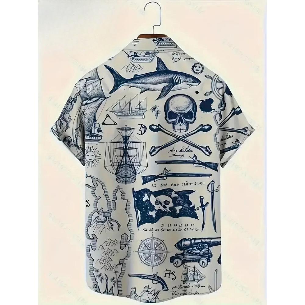 Retro Fashion Printed Pirate Pattern Men's Shirt Summer Street Beach Shirt Hip Hop Cool