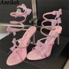 Elegant Pink Wedding Shoes CRYSTAL Bow High Heels Sandals Woman Summer Ankle Strap Thin High Heels Open Toed Party Shoes