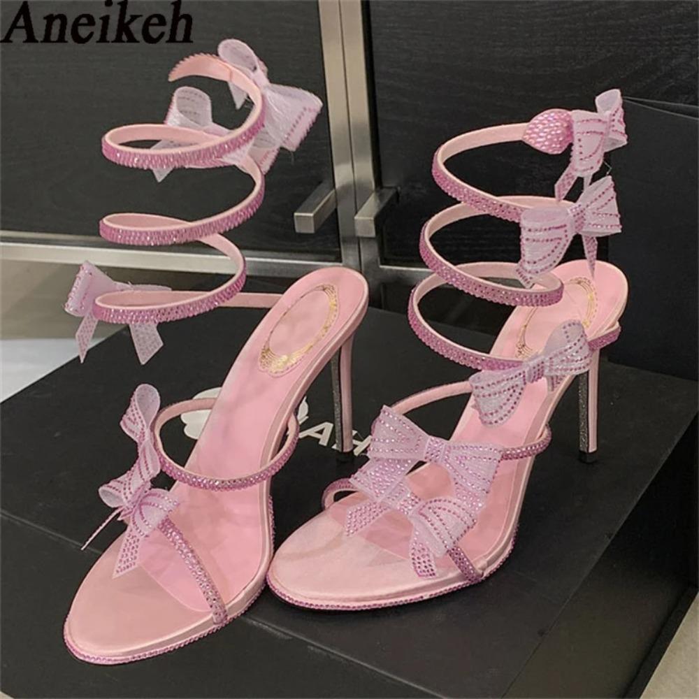 Elegant Pink Wedding Shoes CRYSTAL Bow High Heels Sandals Woman Summer Ankle Strap Thin High Heels Open Toed Party Shoes