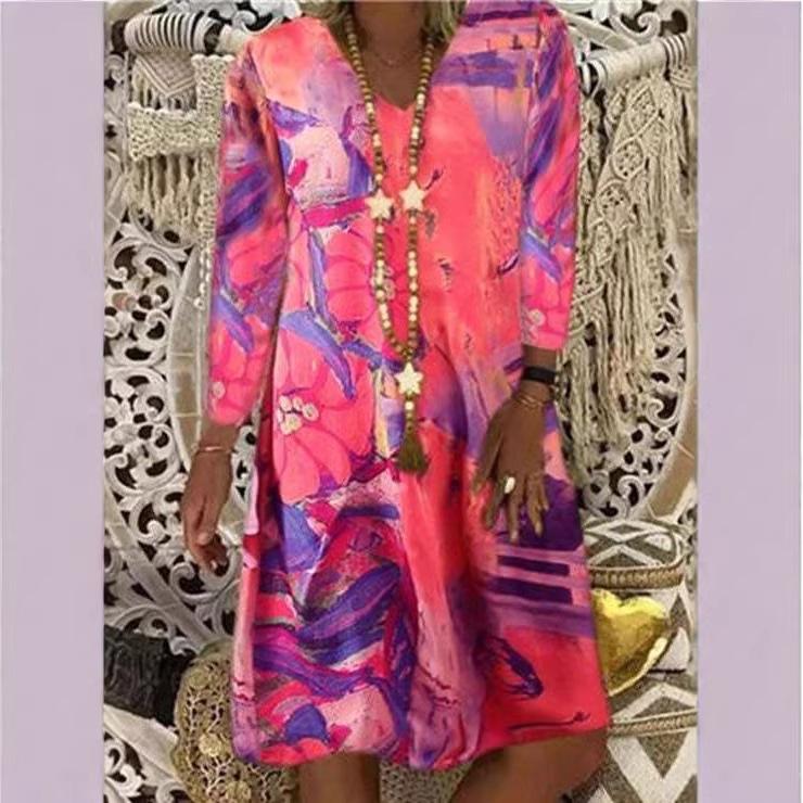 European and American spring new women's clothing printed long-sleeved women's dress shows thin and versatile fashion temperament