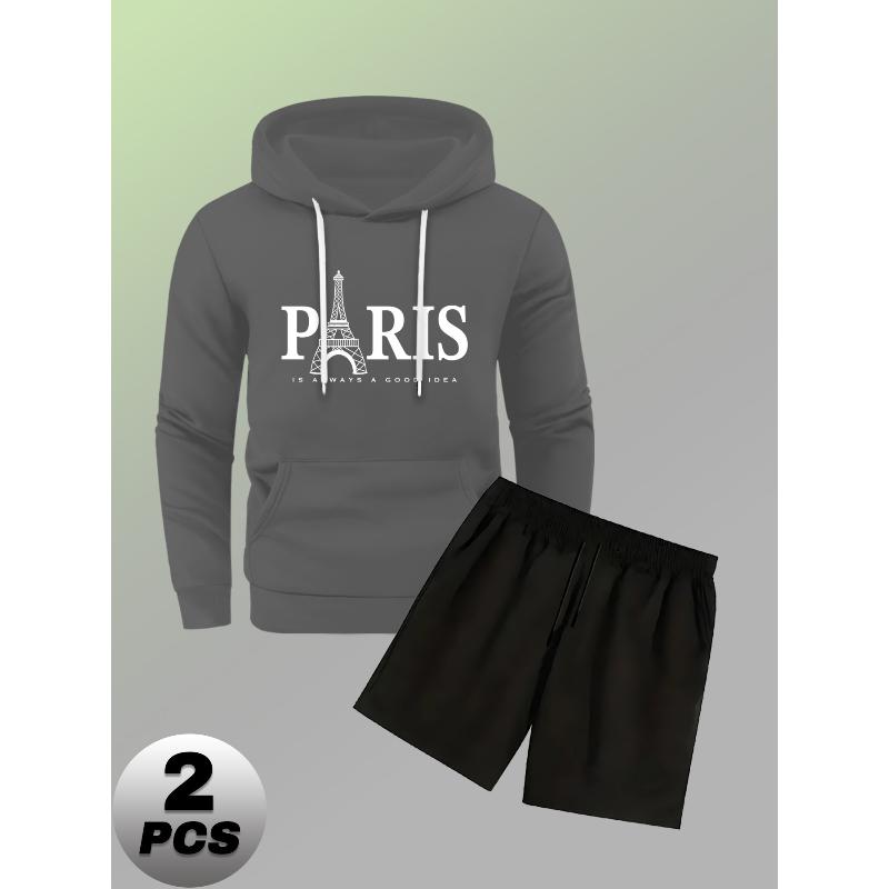 

Hooded Sweatshirt 2 Piece Set Men s Polyester Elastic Waist Shorts Breathable Lightweight Casual XXL сірий