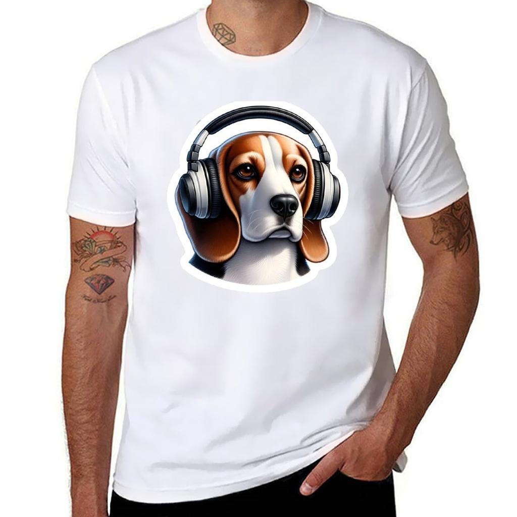 Dog With Headphones Beagle Tshirt Classic Crew Neck Cotton Tshirt