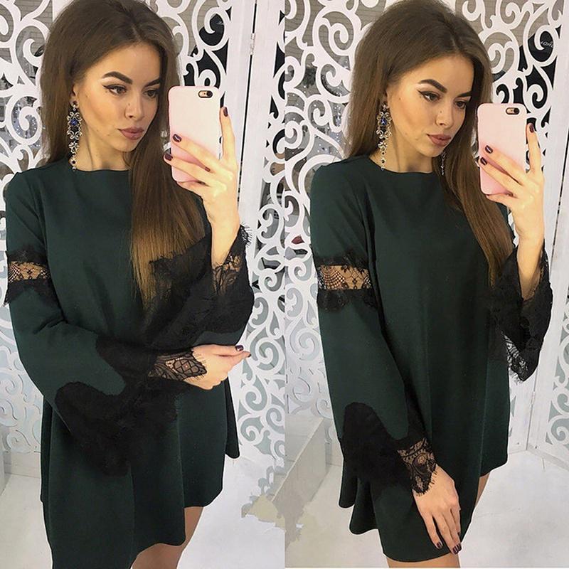 Women Fashion Lace Stitching Dress Solid Color Long Sleeve Loose Dresses