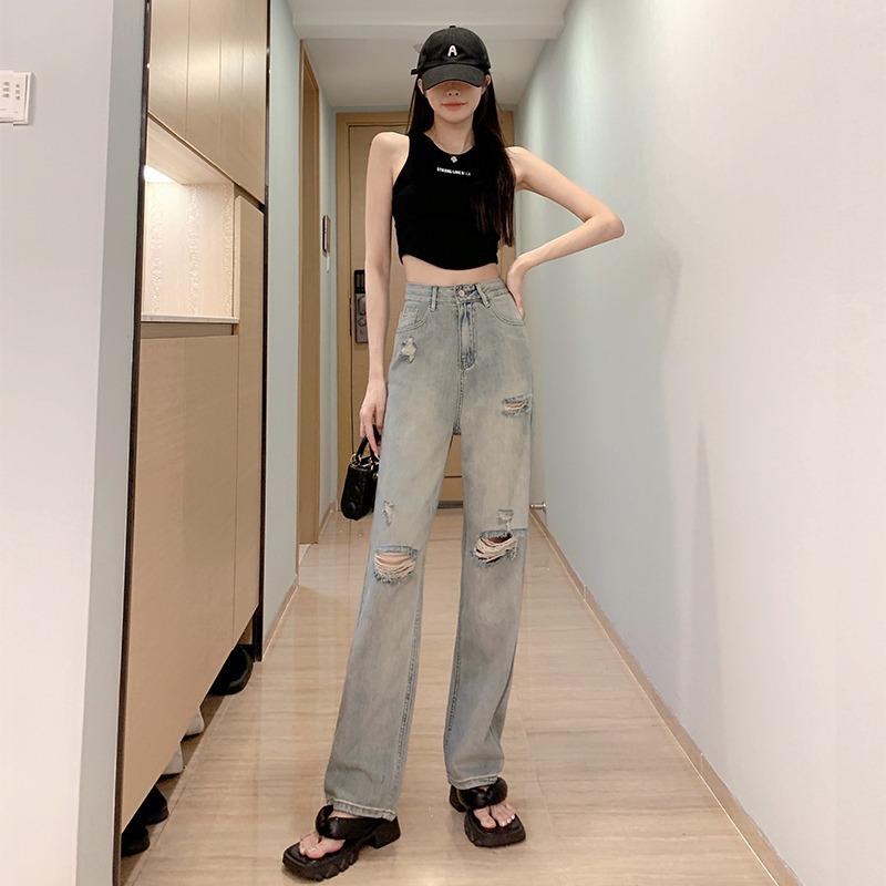 Large Size Fat MM Ripped Jeans for Women In Summer Thin Straight and Loose New High Waist Wide-leg Trousers