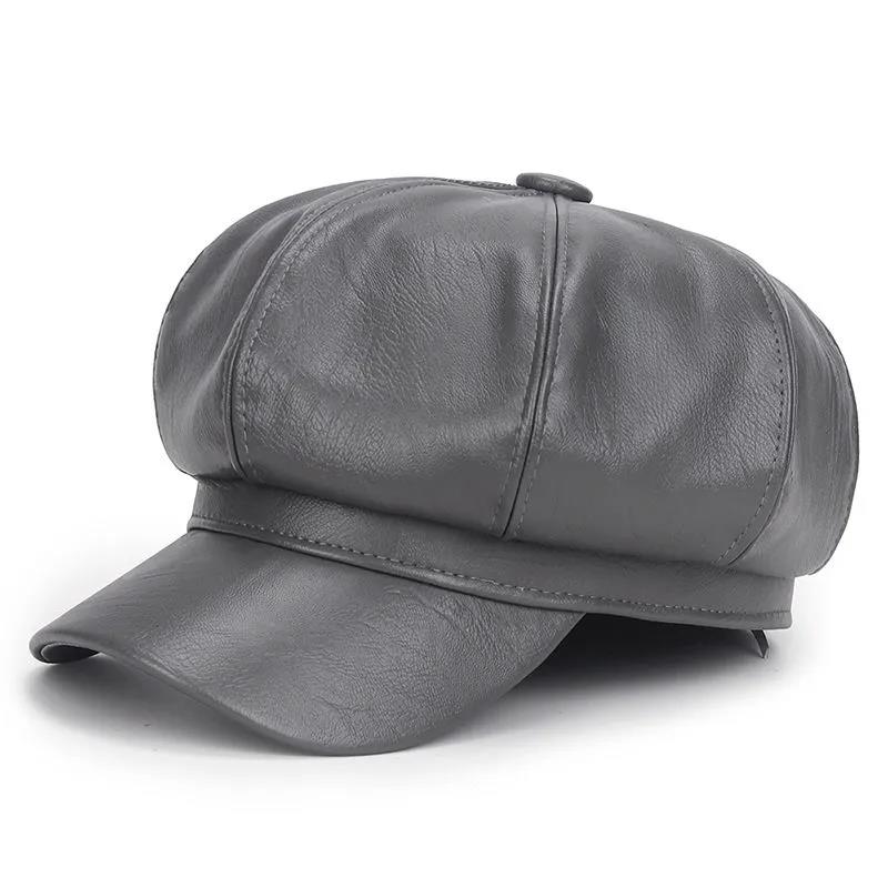 Autumn and Winter Retro Beret Pu Leather Solid Color All-match Octagonal Hat for Women