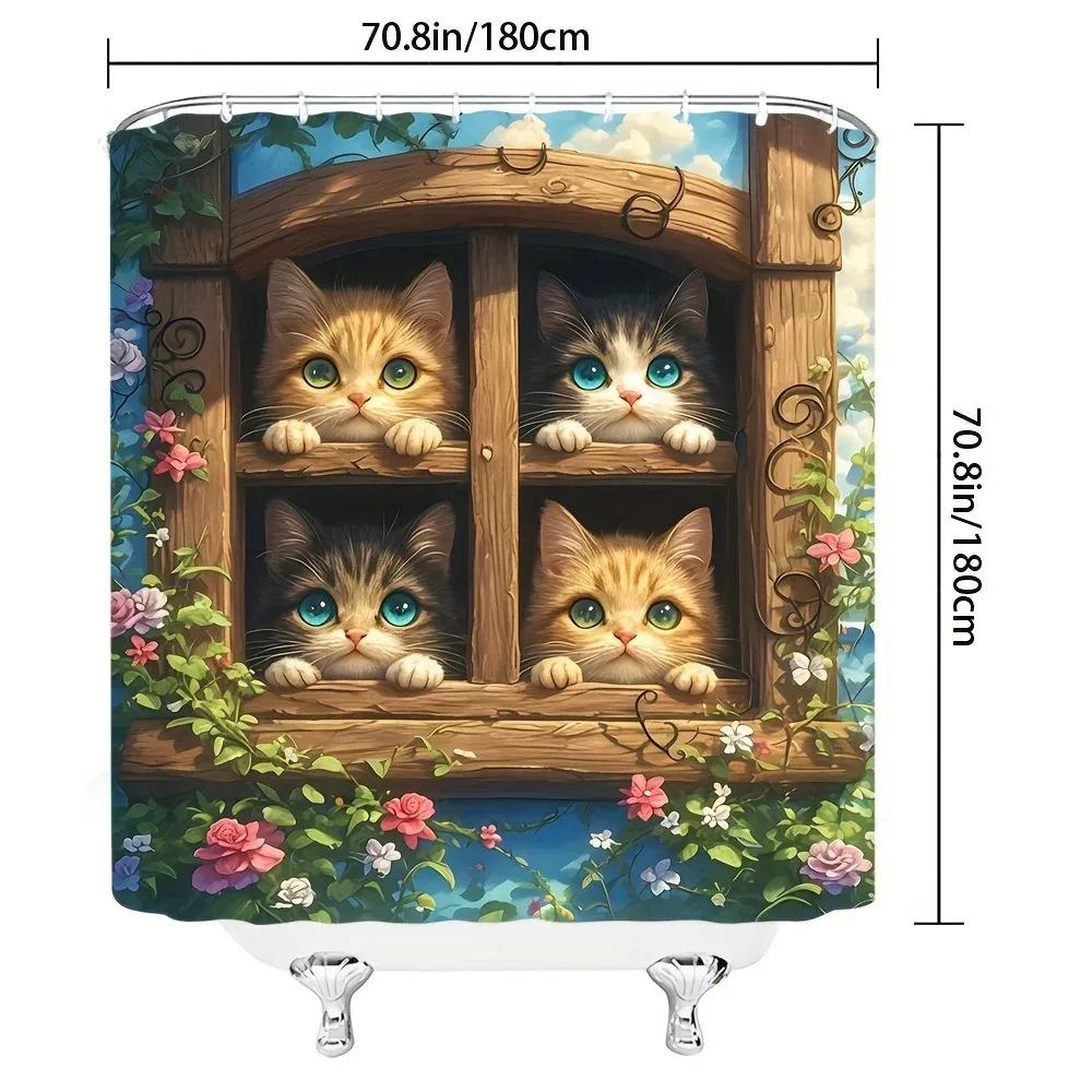 Animal Print Kids' Shower Curtain With Cat Theme, Washable Polyester Fabric, Grommet Top Style, Machine Washable