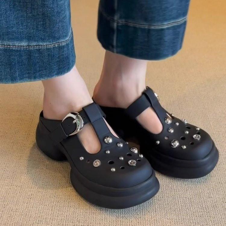 2025 Summer New Leather Thick-soled Heightened Non-slip Soft-soled Cool Slippers Women's Fashion Outer Wear Beach Shoes Hole Shoes
