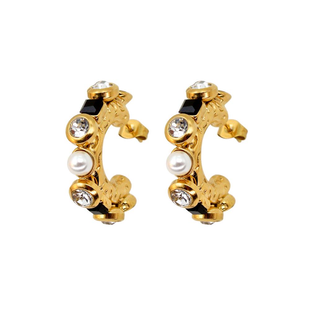 18K Gold Inlaid Black Square Zircon Pearl Trendy Earrings - Fashionable and Versatile Accessories золотой