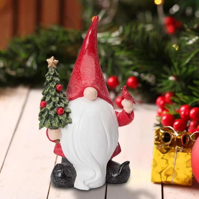 Santa Claus Statue Christmas Resin Craft Home Decoration Gnome Holding Christmas Tree Ornaments Garden Microlandscape Decor