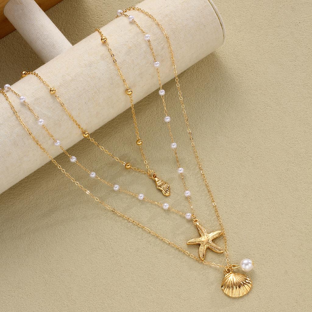 3pcs Bohemian Minimalist Starfish Shell Pendant Necklace Set for Women Rice Beads Metal Chain Choker Beach Vacation Jewelry Gift