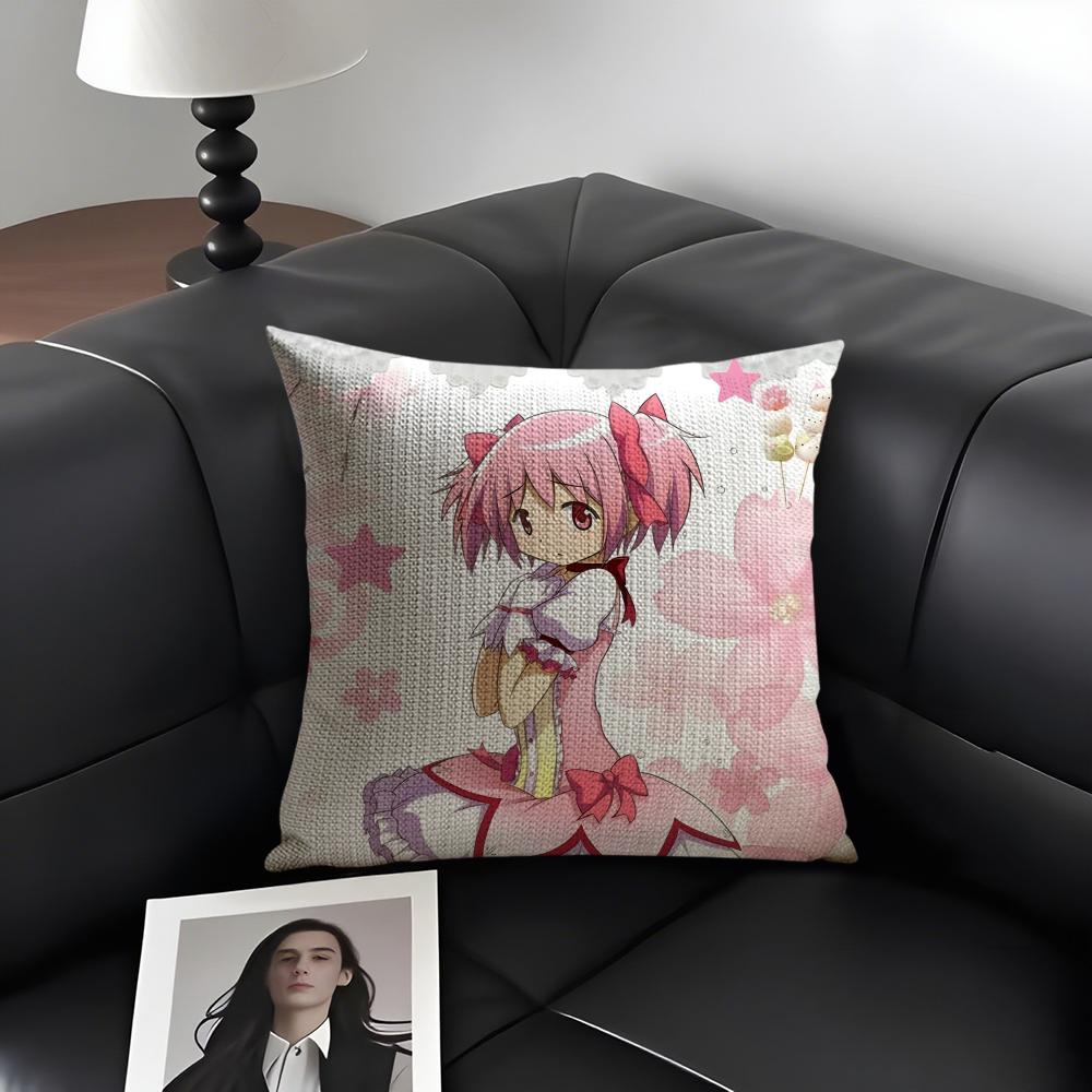 M-Madoka Magicaa Cute Cushion Cover Natural Linen Organic Fabric Double-Sided Printing Sofa Home Decor Gift Pillow Case