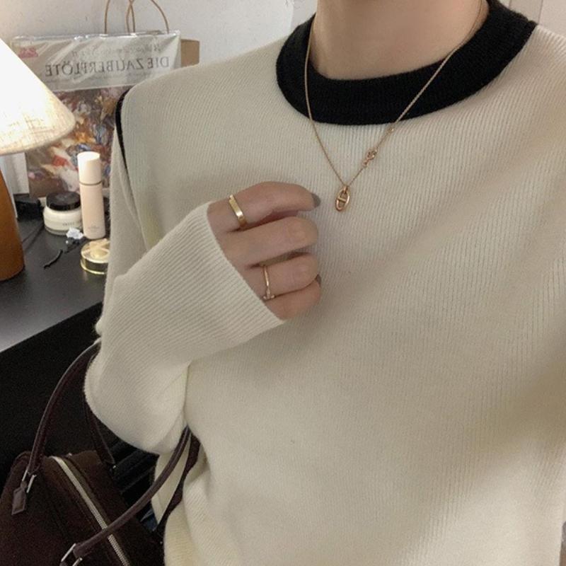 Premium Color Block Round Neck Knit Base Layer Women Spring Autumn Slim Pullover Sweater Long Sleeve Top