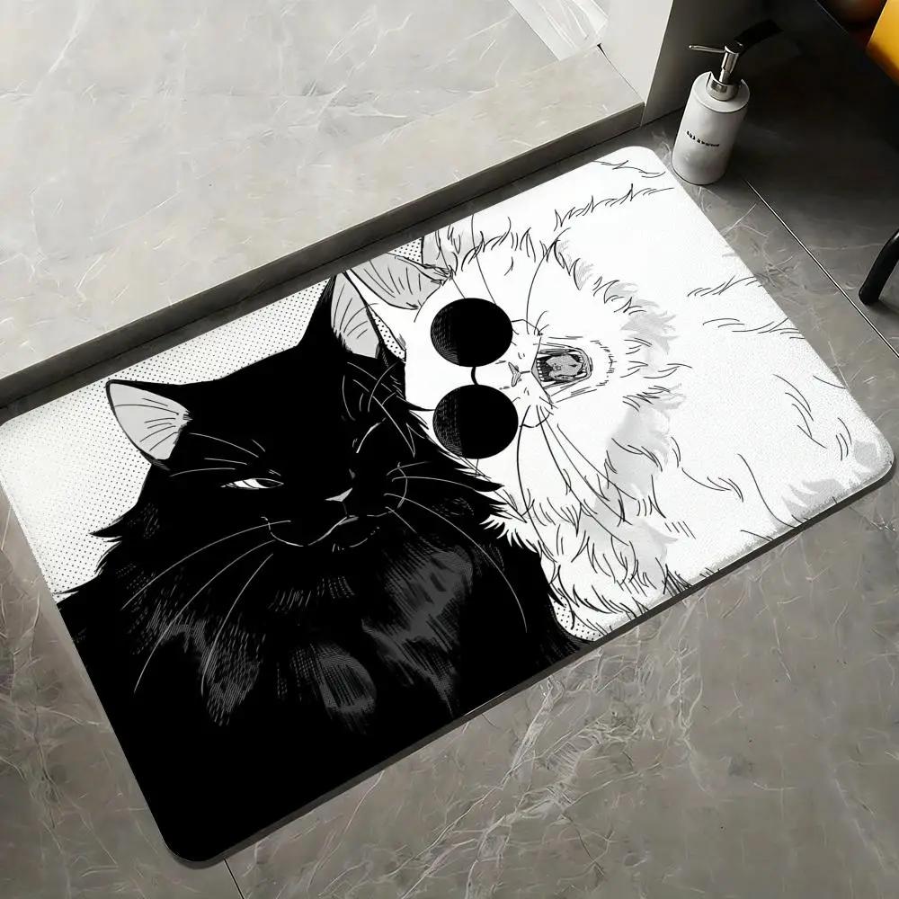 Cute Hand Drawn Black Cat Book Print Doormat Non-Slip Absorbent Washable Floor Mat for Bathroom Entryway Cat Lovers