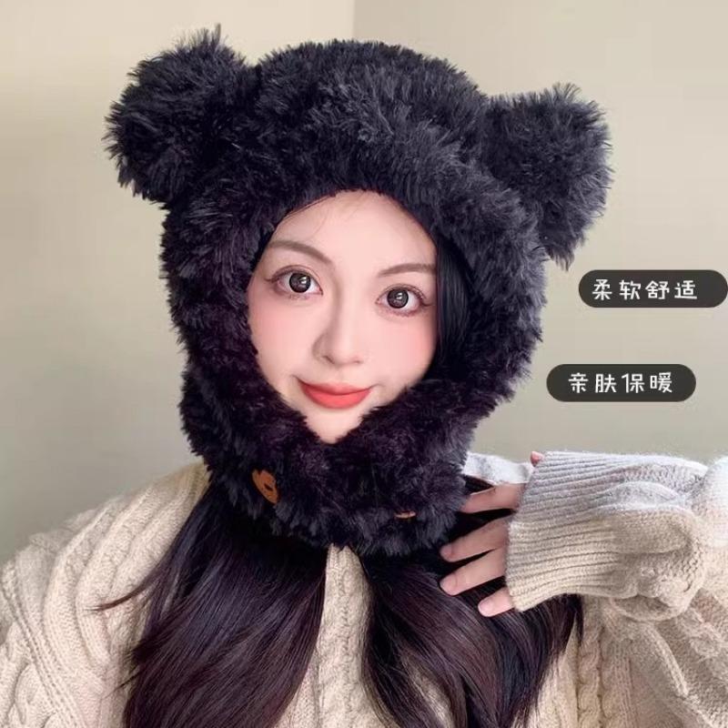 Cute bear ears plush hat scarf integrated women's winter ear protection pullover hat to keep warm and cold
