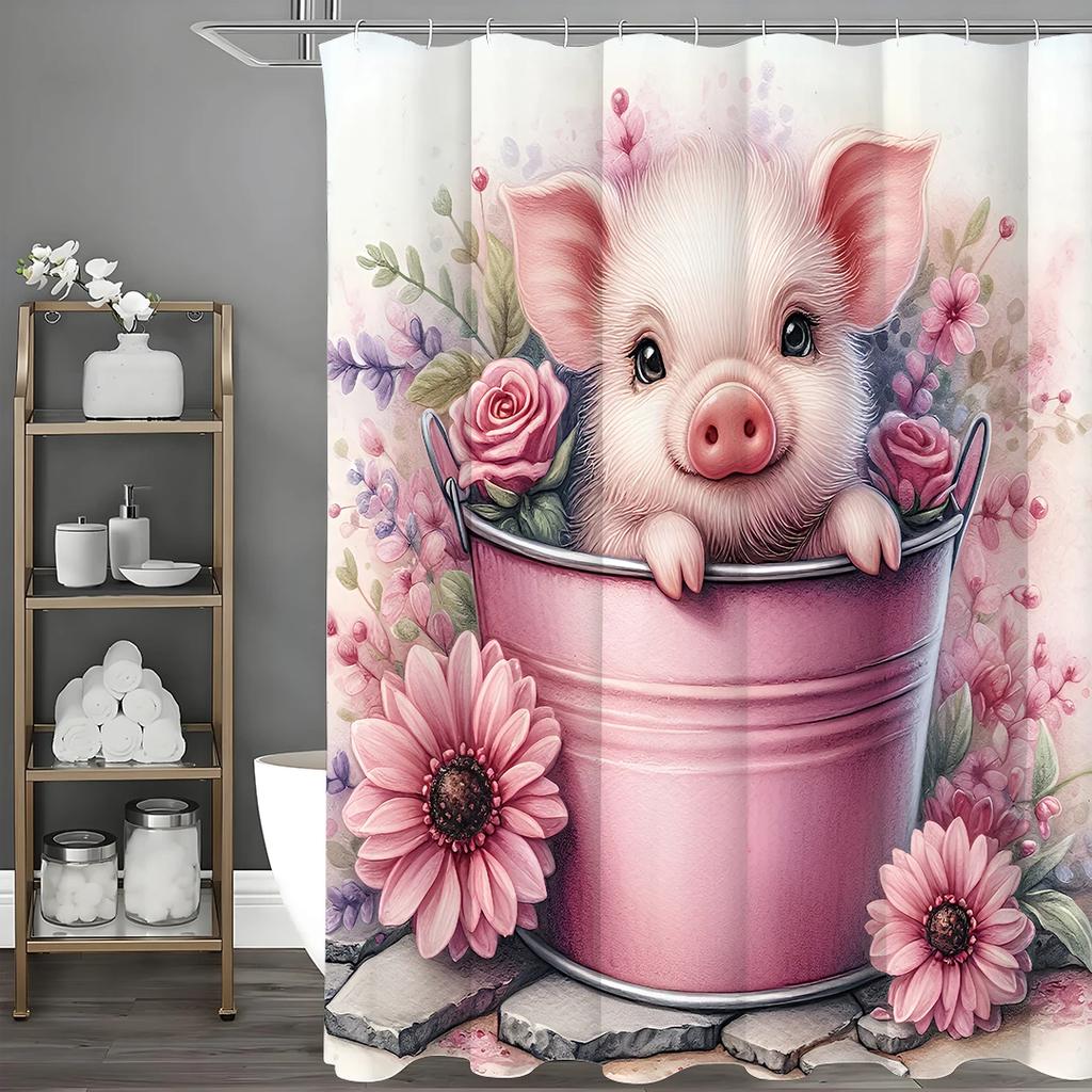 Piggy Floral Shower Curtain in Pink Ironton, Bathroom Decorative Shower Curtain, Waterproof Shower Curtain with Hooks