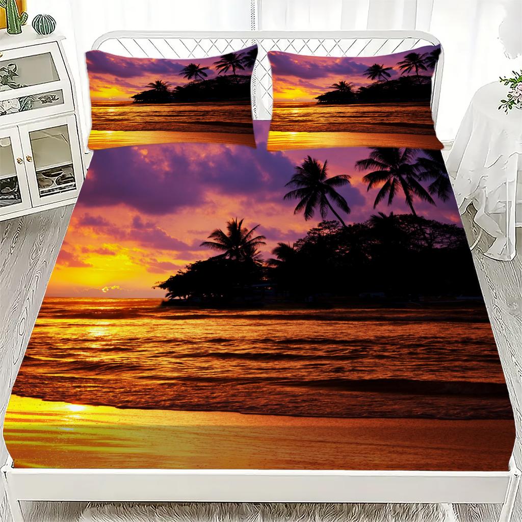 Fitted Sheet Set Coconut Trees Style Soft Breathable Bedding Set Sunset Sunset Glow Sea Printed Mattress Covers Vacation