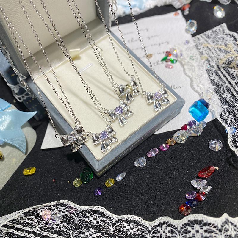 Clear Sky Pink Zircon Bow Necklace, S925 Sterling Silver, Micro-set Fine Chain, Everyday Wear.