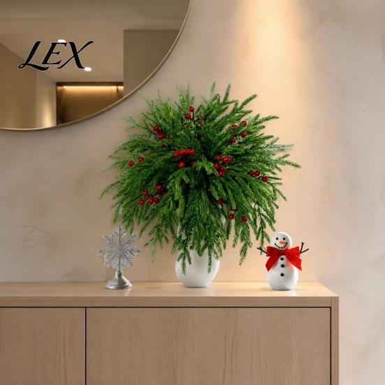 Artificial Flower Arrangements for Indoor 20Pcs Christmas Norfolk Pine Picks, Flocked Snow Branches with Tree Ornaments Atmosphere Red Berries,