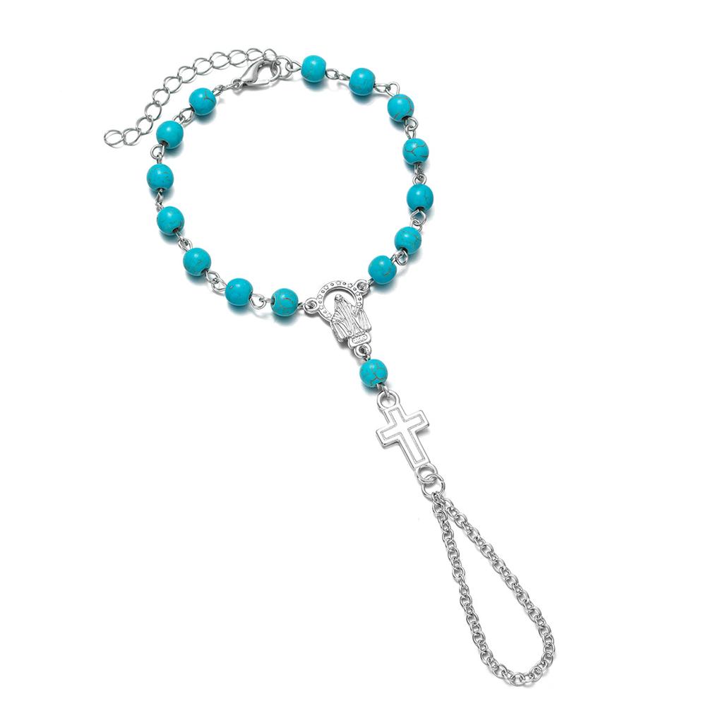 Women's Cross Finger Bracelet, Religious Style Beaded Back Hand Chain, Dark Style Niche Accessory