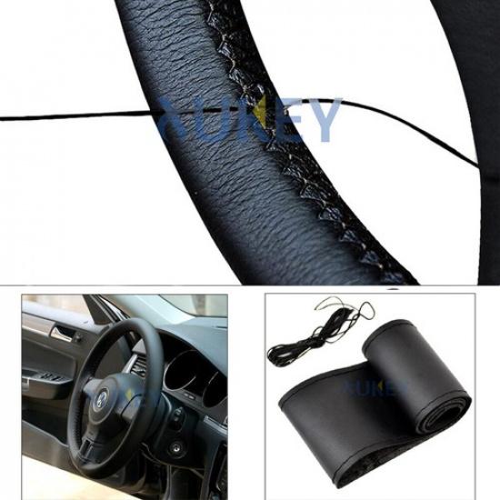 

Black Thread Car Steering Wheel Cover Leather DIY With Needles Hand Auto DIY