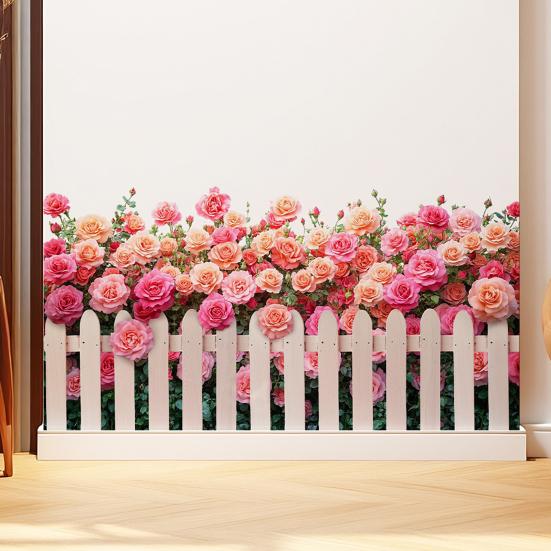Fence Rose Bush Wall Sticker Removable Waterproof PVC Red Flower Pattern Sticker Home Office Living Room Bedroom Wall Decoration Decal