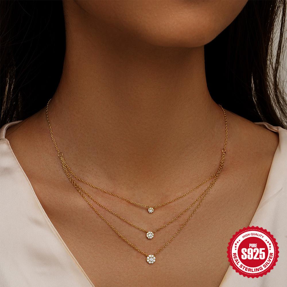 S925 Sterling Silver Multi-Size Round Broken Diamond Combination Three-Layer Stacked Necklace, With Perfect Neck Effect Necklace