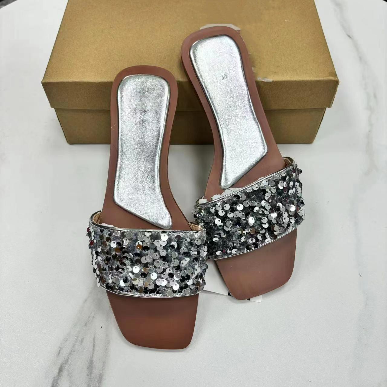 

мода элегантные блестящие женские тапочки с блестками модные квадратные носки женские шлепанцы для вечеринки на море на открытом воздухе золотисто-серебристые летние пляжные туфли 37 серебряный