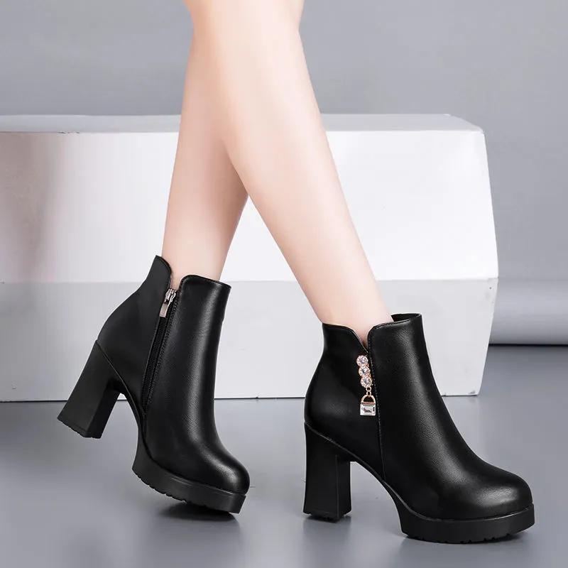 

Кожаные женские туфли-лодочки на высоком каблуке, зимние, универсальные, на толстом каблуке, с хлопковой подкладкой из плюша, короткие ботинки, женская обувь с высоким голенищем 34 чёрный