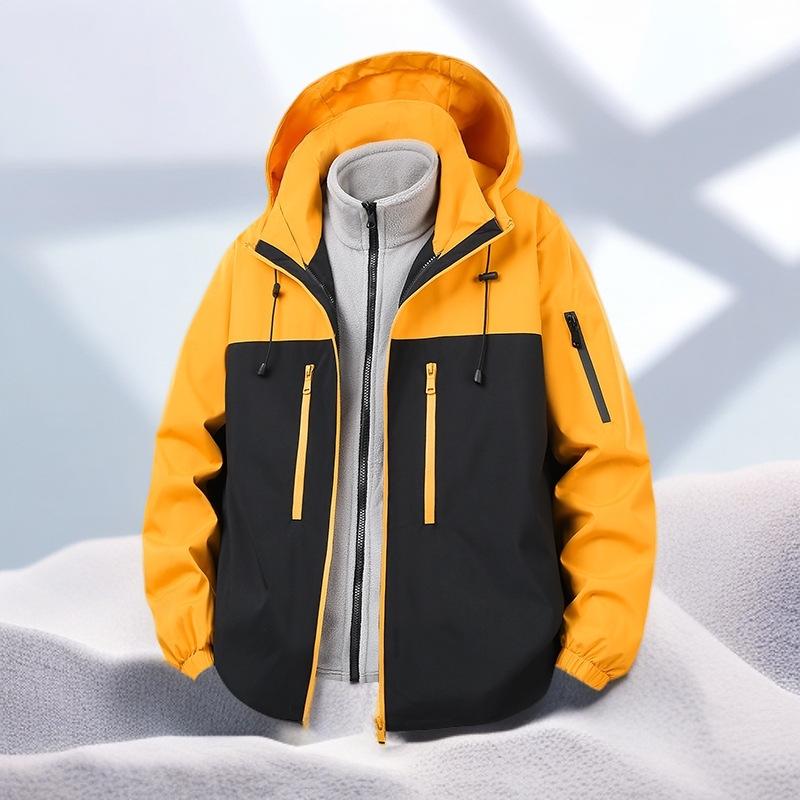 Men's Winter Fleece Inner Lining Hiking Suit, Windproof and Waterproof Splicing Hooded Three In One Assault Suit for Hiking