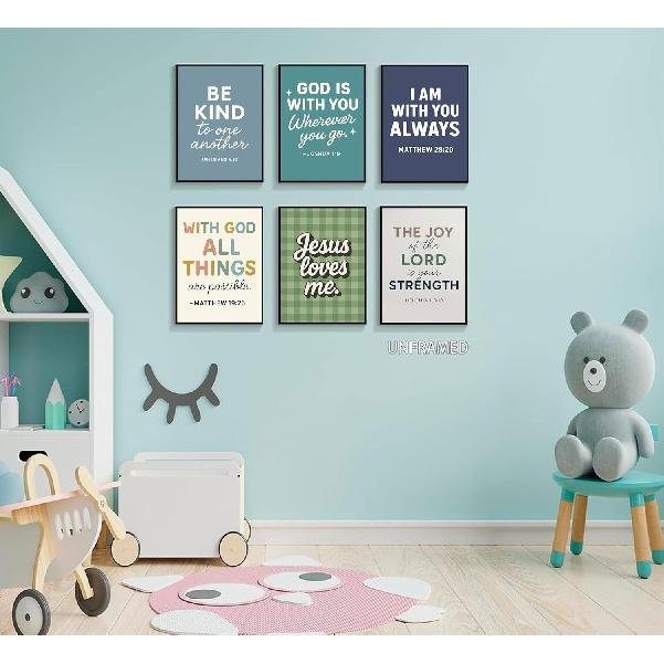 6Pcs Christian Themed Wall Art Boys Room Pictures Wall Decor Kids Bible Verse Posters Prints Artwork for Living Room Bedroom Nursery Home Decoration