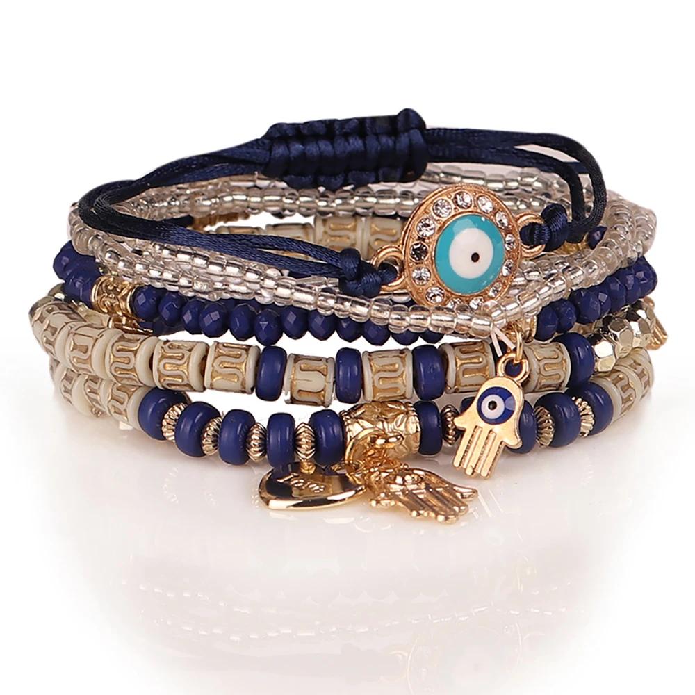 Bohemian Handmade Bracelet Set For Women Fatima Hand Evil Eye Heart Charm Adjustable Rope Chain Bangle Men Daily Wear Jewelry