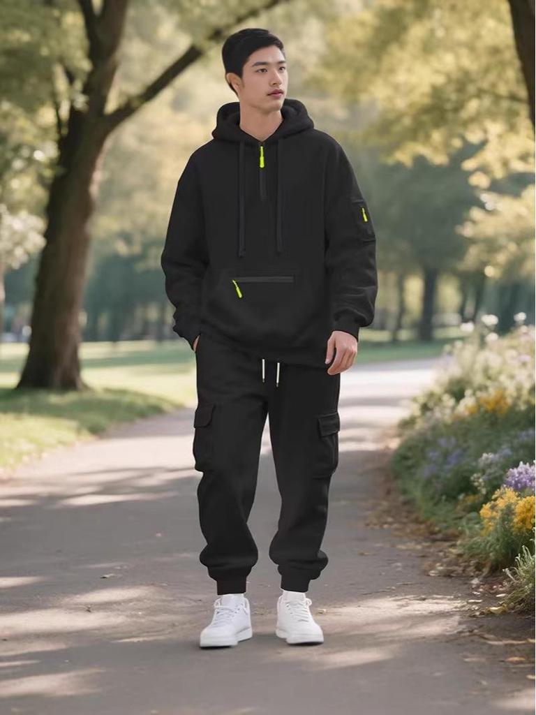 2025 Men's Autumn/Winter Fleece Zip-up Hoodie & Multi-pocket Cargo Pants Sports Set