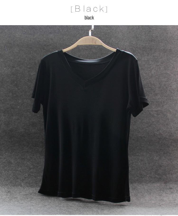 

Женский топ из шелкового трикотажа с V-образным вырезом и коротким рукавом, приталенный - Белая летняя футболка L чёрный