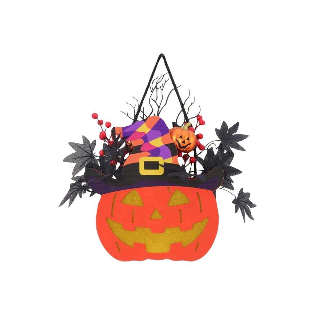 Halloween Pumpkin Decoration, With Maple Leaf Berry Witch Hat, Halloween Door Sign Wood Light For Front Door Indoor Outdoor Patio Party Cartoon
