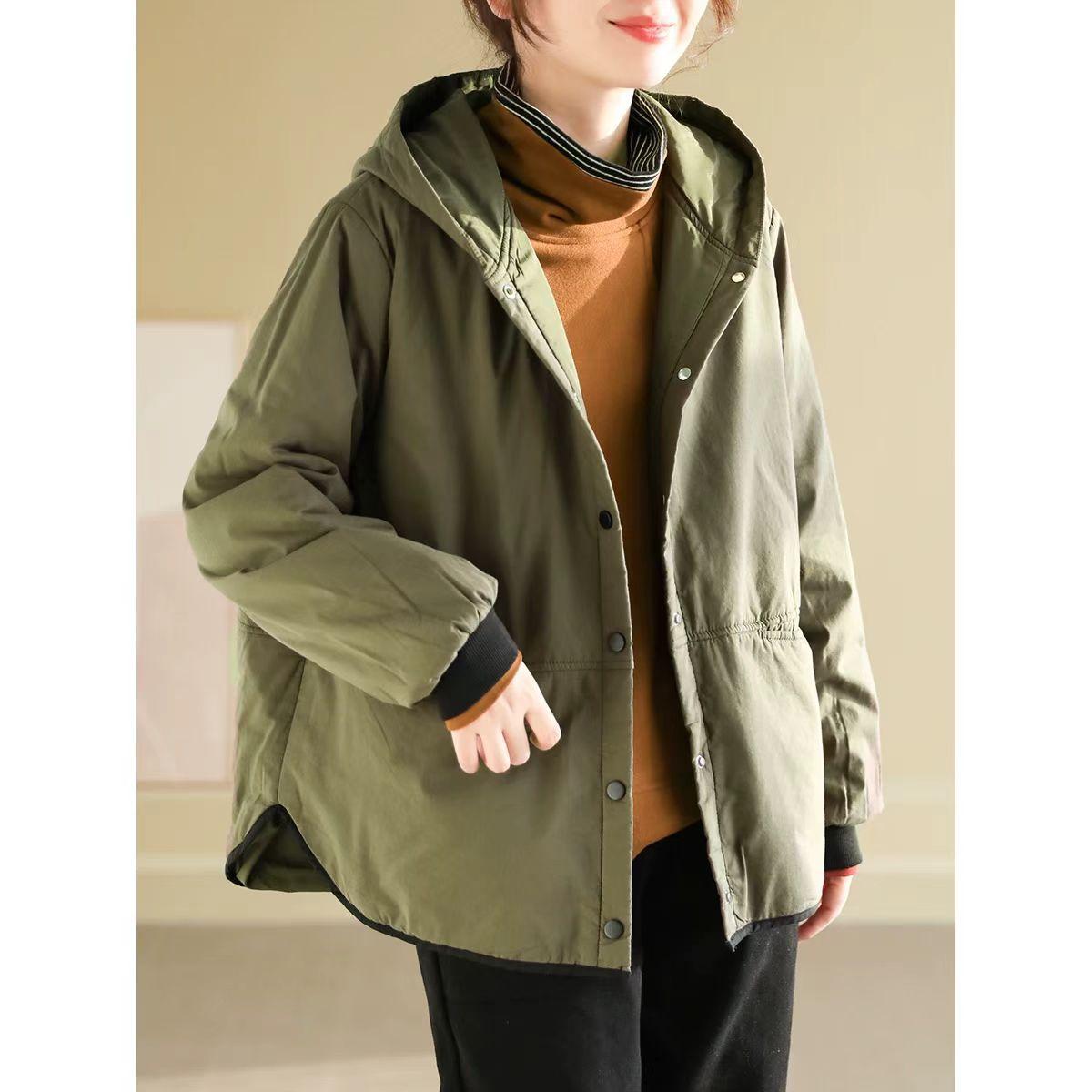 

Johnature Niche однотонное свободное повседневное пальто с капюшоном, женское зимнее модное однобортное пальто с длинными рукавами One Size армия зеленый