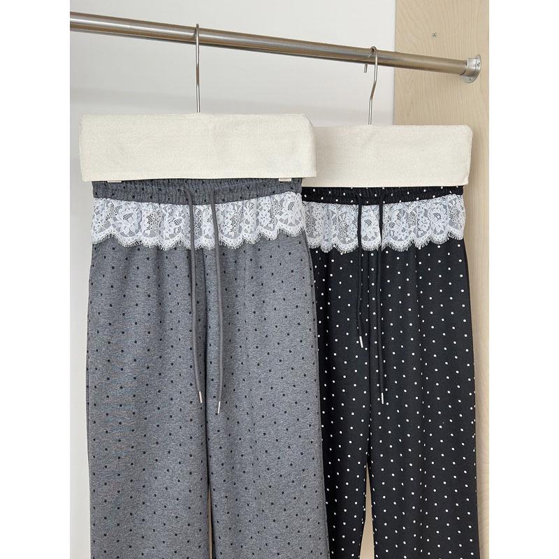 Spring 2025 Patchwork Lace Trim Polka Dot High Waist Loose Straight Wide-Leg Pants