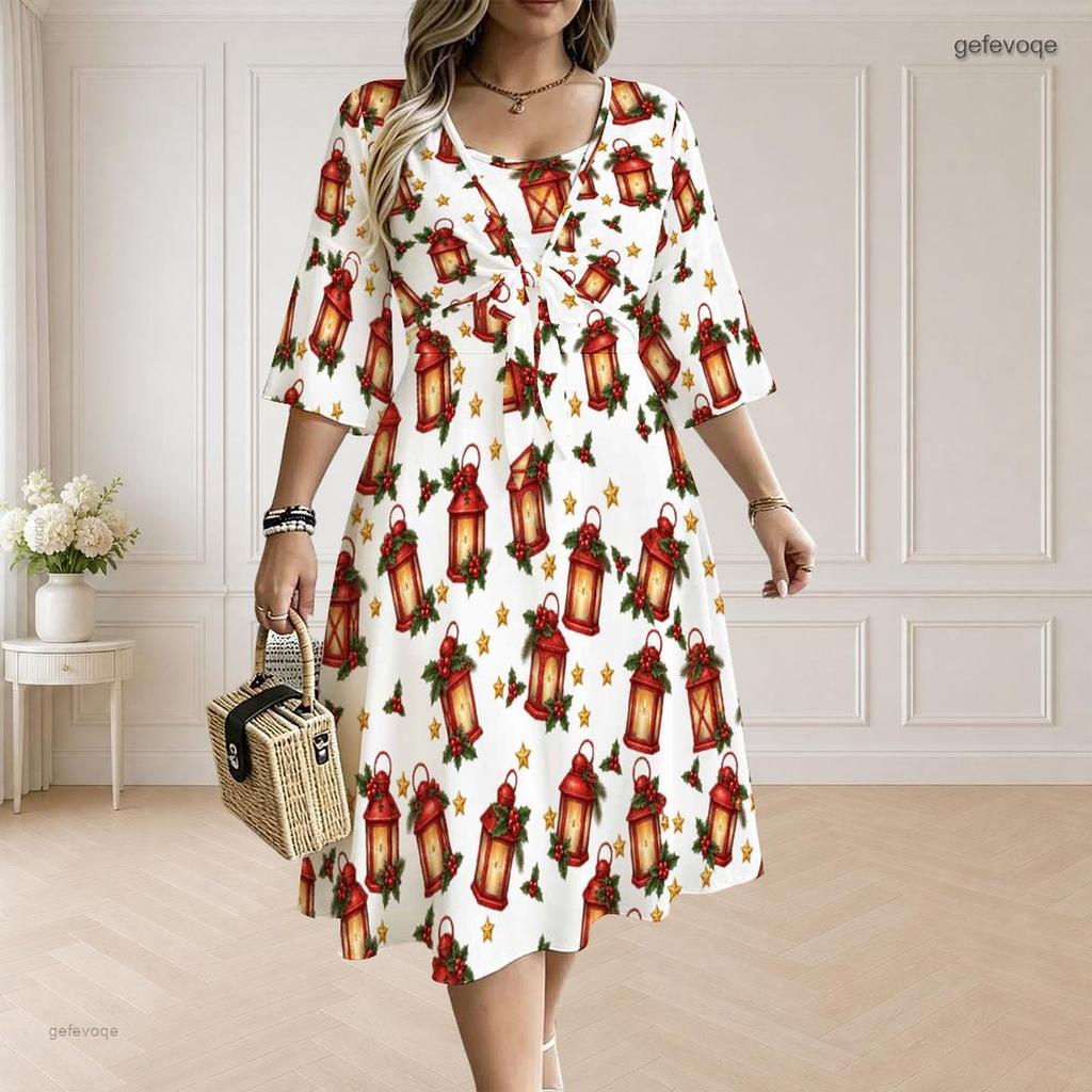Women Plus Size Two Piece Midi Dress Set V Neck Half Sleeve Christmas Print White