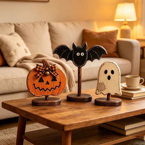 Autumn Atmosphere Interior Accents Halloween Wooden Tabletop Decor, Vintage Pumpkin Ghost Bat Figurines, Rustic Farmhouse Fall Party Indoor