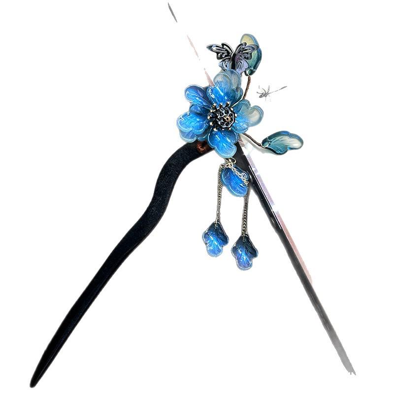 Blue Glazed Wooden Flower Hairpin for Women - High-End Chinese Style Headdress