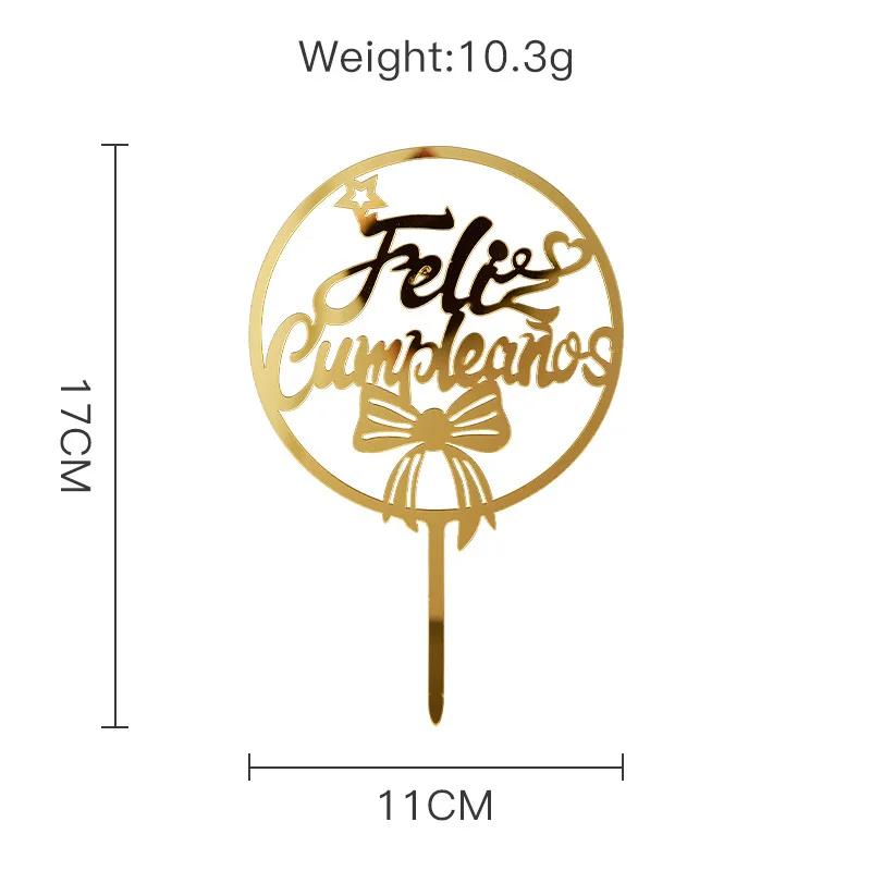Acylic Feliz Cumpleanos Espanol Spanish Happy Birthday Cake Topper Gold Crown Design Cupcake Baking Supplies Party Decoration