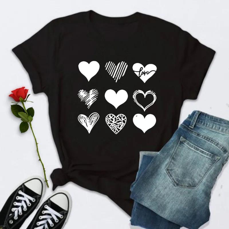 Casual Women's Crew Neck T-Shirt with Geometric Heart Design Short Sleeve Red Casual Tees Top